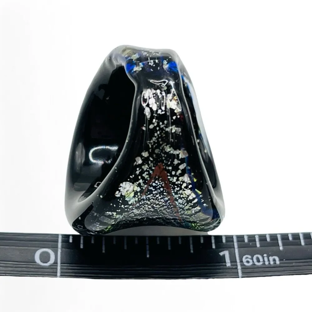 Hand Blown Glass Ring Sz 6.25 - 6.5 Black Swirl Metallic Wide Art Venetian Style